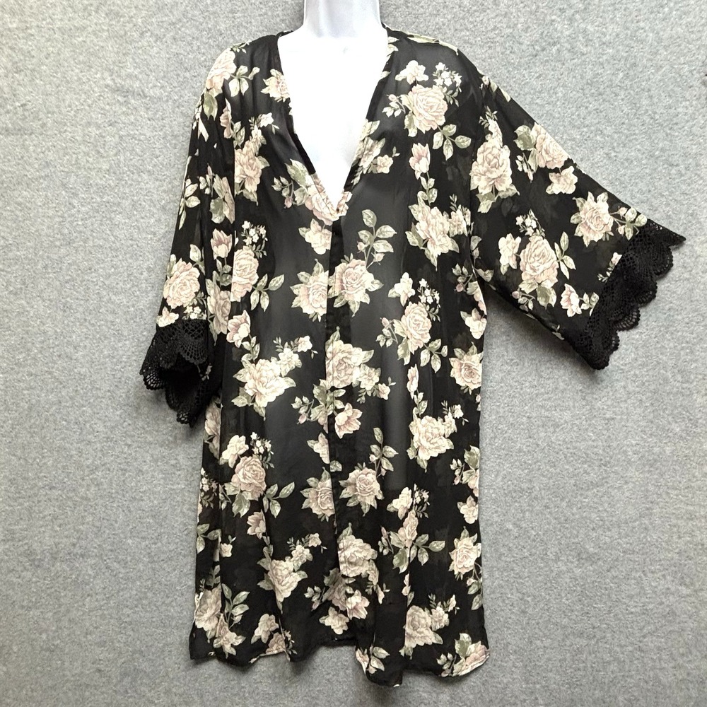 Wallflower‎ Sheer Open Front Duster Kimono Lace Black Floral XL Fairy Grunge